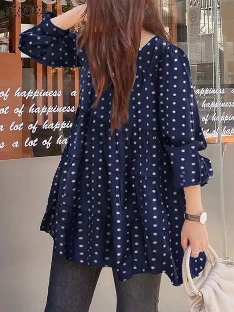 ZANZEA Women Blouse 2024 Spring Polka Dot Print Tops Casual Loose Puff Sleeve Ruffle Tunic Office Lady O-neck Blusa Oversized-Bennys Beauty World