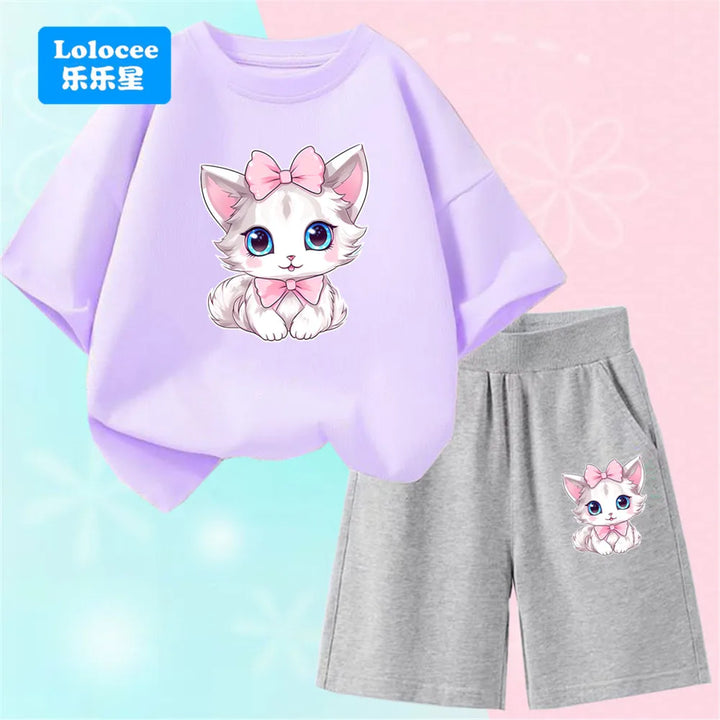 Girls Bow Cat Print T-Shirt &amp; Shorts Set | 2-Piece Summer Outfit | Ages 3–14