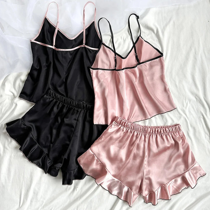 Women's Smooth Satin Pajamas V-Neck T-Shirt Outfit