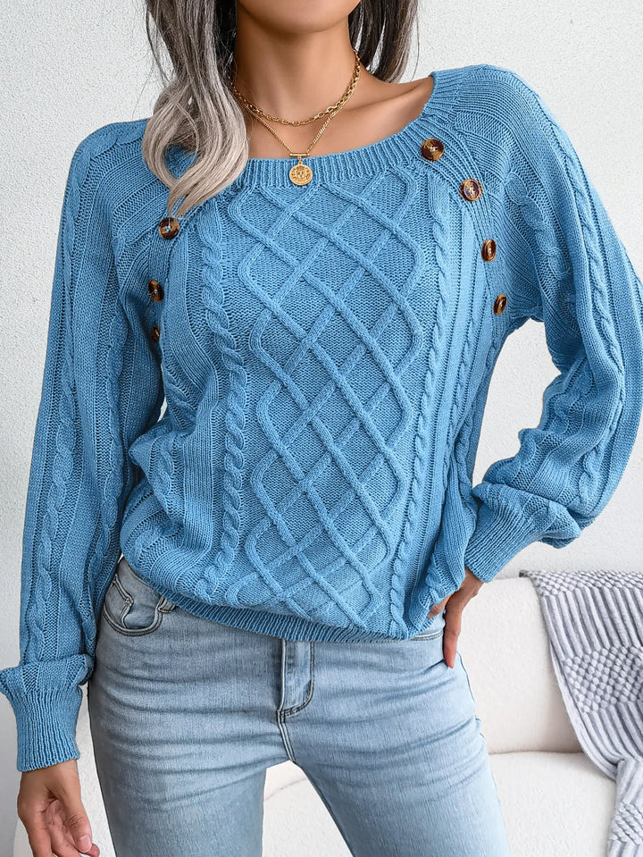 Womens Autumn Winter Cable Knit Sweater Solid Color Square Neck Buttons Long Sleeve Ribbed Knitted Pullover Loose Jumpers Tops