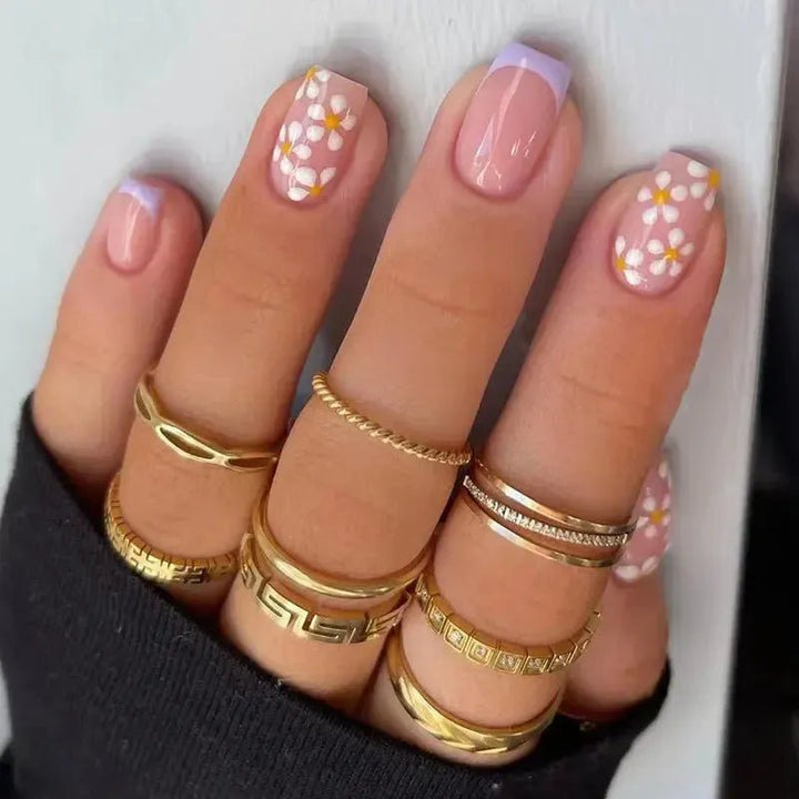 Short Square French Flower Press - On Nails 24 Pcs - Bennys Beauty World