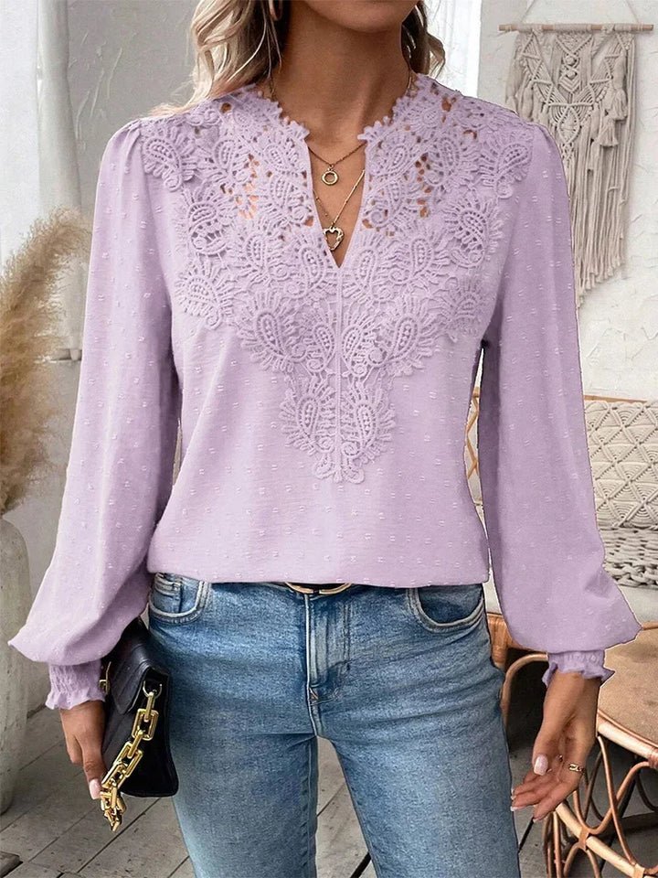 Women's Elegant V-Neck Lace Blouse – Long Sleeve Hollow Out Blouse