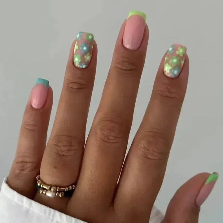 Short Square French Flower Press - On Nails 24 Pcs - Bennys Beauty World
