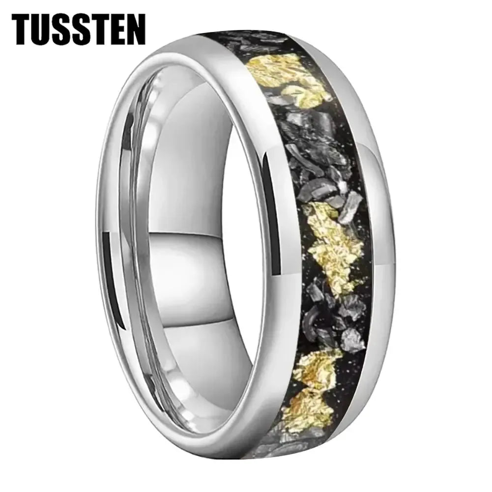 TUSSTEN Tungsten Carbide Wedding Band Ring – 4/6/8MM Dome Edge with Meteorite &amp; Gold Foil Inlay-Bennys Beauty World