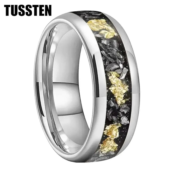 TUSSTEN Tungsten Carbide Wedding Band Ring – 4/6/8MM Dome Edge with Meteorite &amp; Gold Foil Inlay-Bennys Beauty World