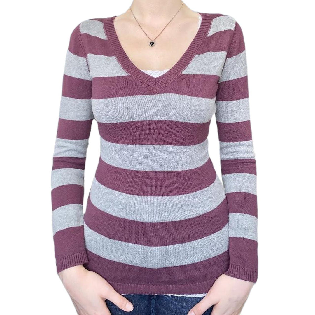 Vintage Knitted Sweater Cutest V Neck Long Sleeve Stripe Jumper-blouse-Bennys Beauty World