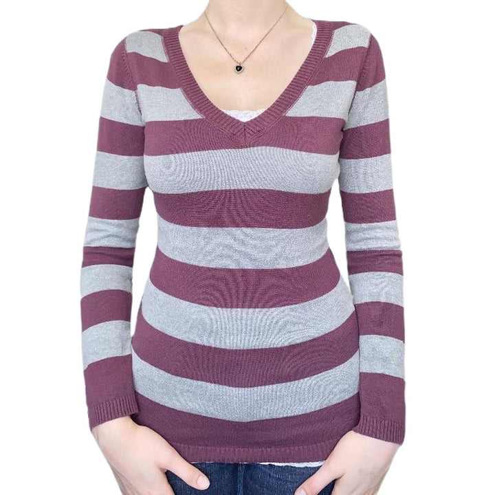 Vintage Knitted Sweater Cutest V Neck Long Sleeve Stripe Jumper-blouse-Bennys Beauty World