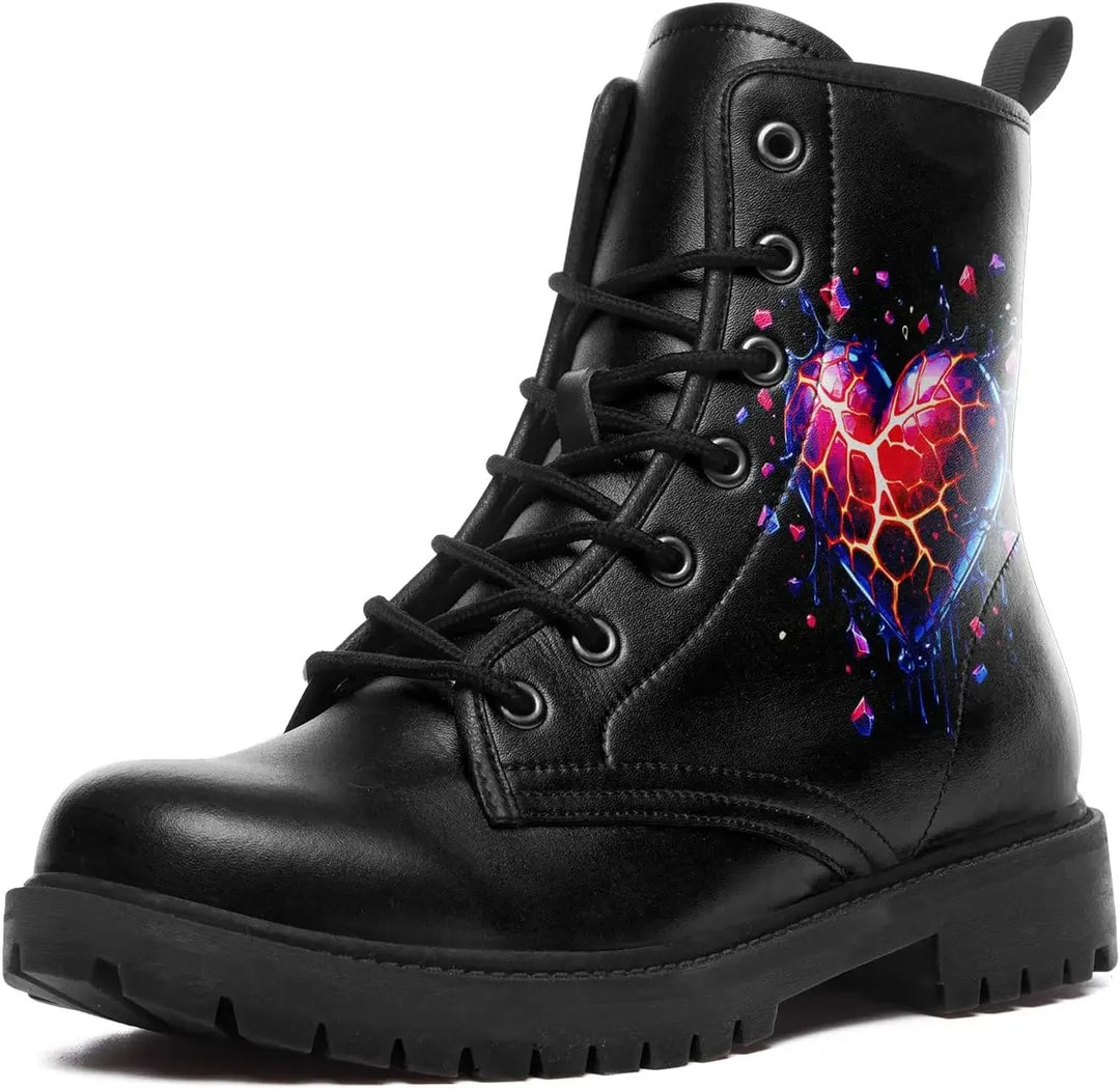 A black lace-up ankle boot with a colorful heart graphic on the side, featuring a red and blue cracked heart design with paint splatters, shown against a plain white background.