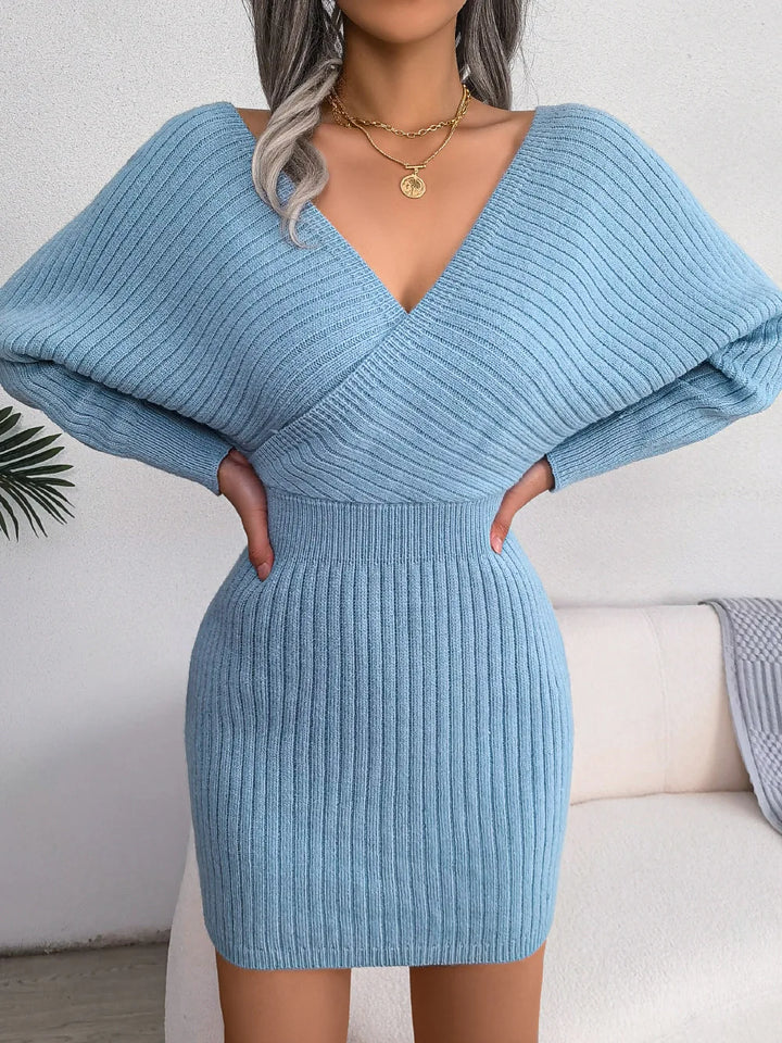 V-neck Bat Sleeve Lift Hip Sweater Dress