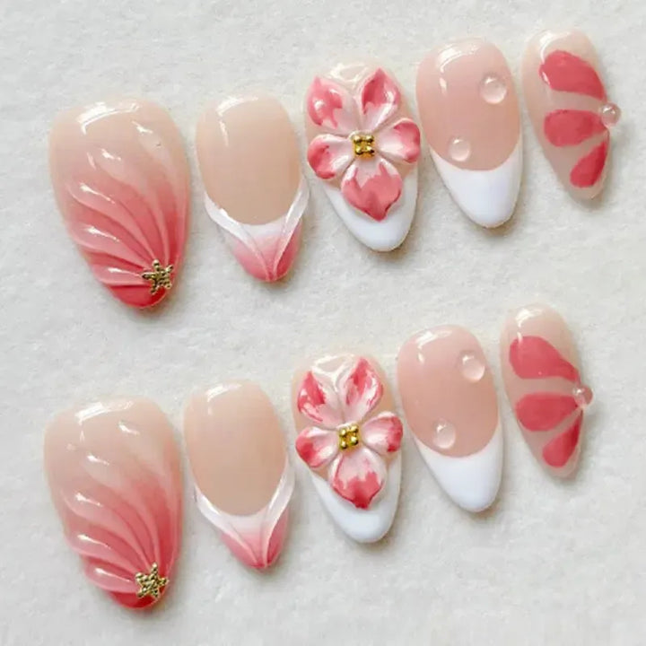 Gradient Pink Almond Press-On Nails – 24 Pcs Flower &amp; Pearl Design False Nails-Nails-Bennys Beauty World