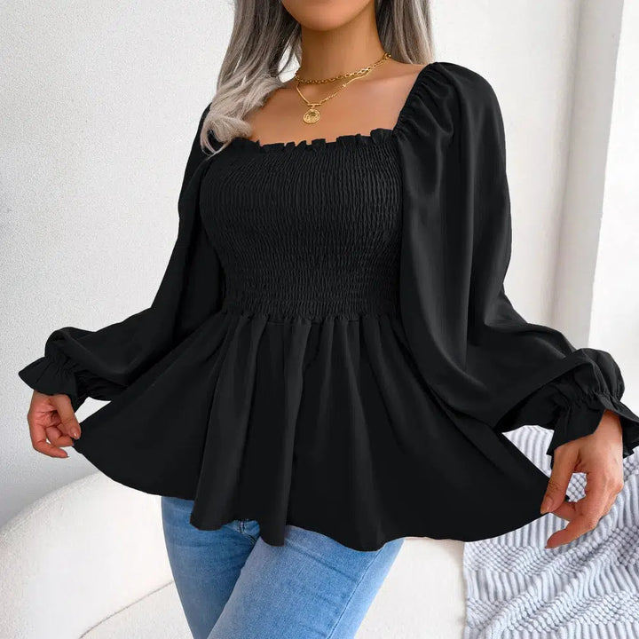 Women Chiffon Blouse 2023 Long Sleeve Casual Ruffles Peplum Top White Red Green Blue Black-Bennys Beauty World