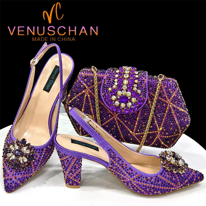 Ladies Italian Design Shoes And Bag Set Decorated with Rhinestone