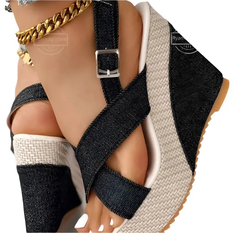 Women's Peep Toe Denim Wedge Shoes