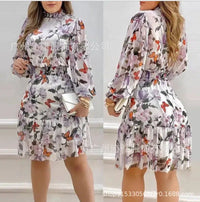 Floral Print Lantern Sleeve Pleated Ruffled Skirt Dress-Dress-Bennys Beauty World