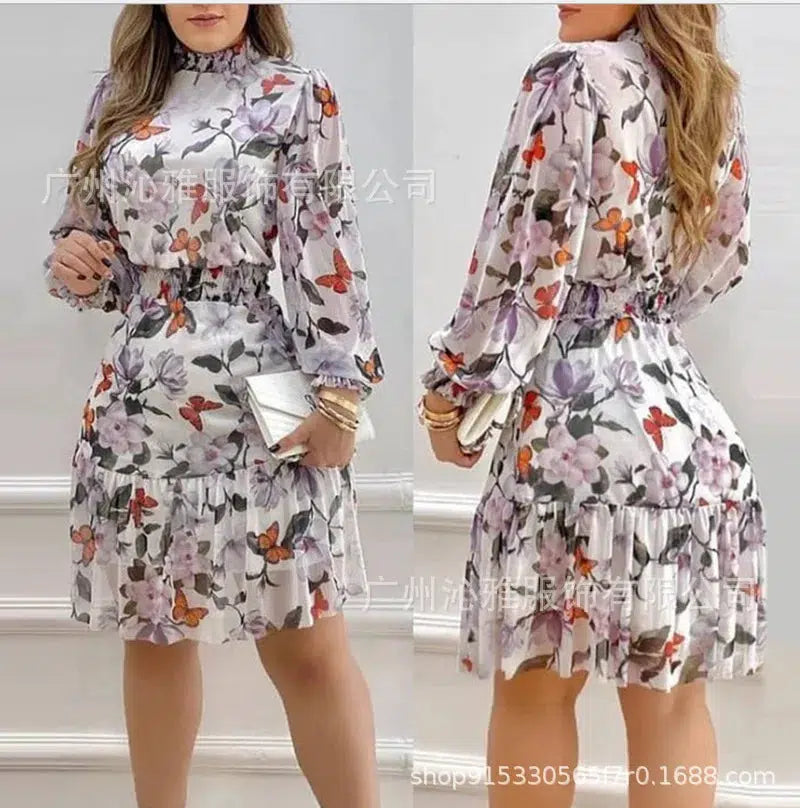 Floral Print Lantern Sleeve Pleated Ruffled Skirt Dress-Dress-Bennys Beauty World