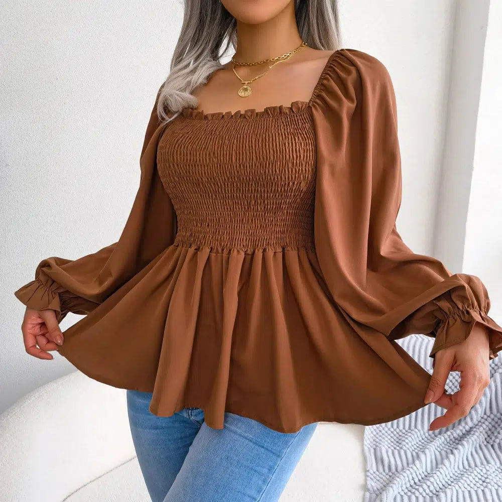 Women Chiffon Blouse 2023 Long Sleeve Casual Ruffles Peplum Top White Red Green Blue Black-Bennys Beauty World