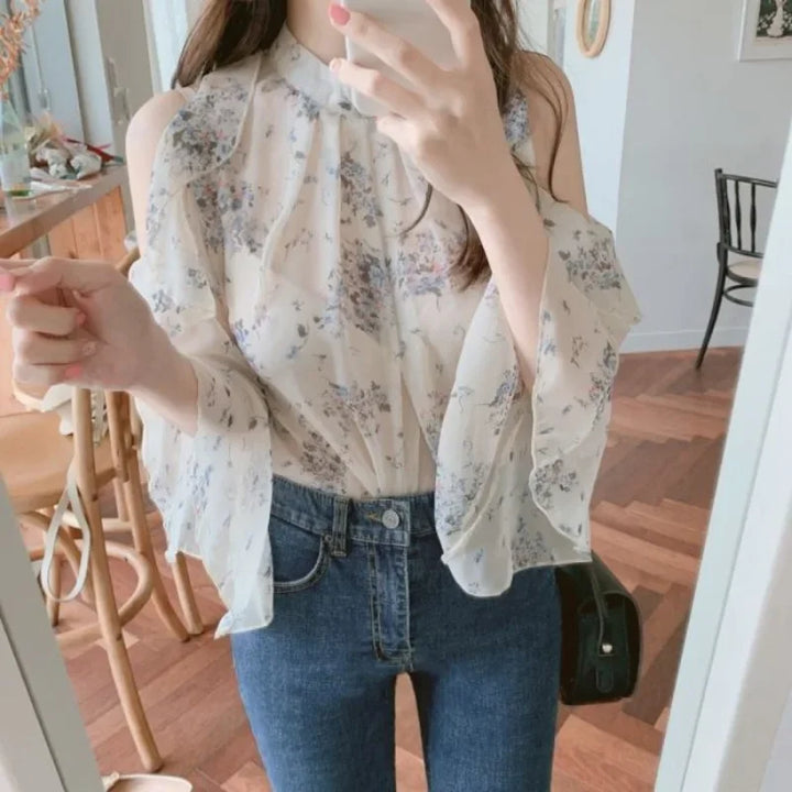 Floral Chiffon Shirts & Blouses For Women Off Shoulder Women's Top-Blouse-Bennys Beauty World