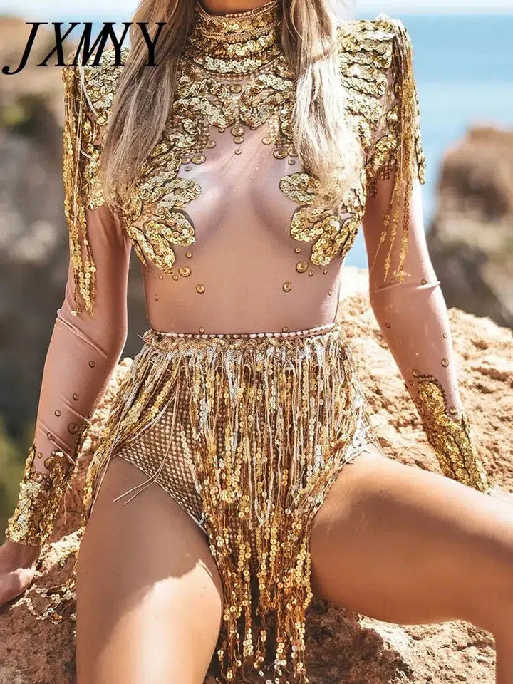 Women's Shining Rhinestone Sequins Tassels Jumpsuit, Stage Outfits, Stretch Fringes Bodysuits, Party Costume, Nightclub, Dancer-Bennys Beauty World