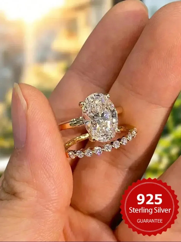 925 Sterling Silver Oval Zircon Stackable Ring Set – Women's Wedding Band Fine Jewellery-Rings-Bennys Beauty World