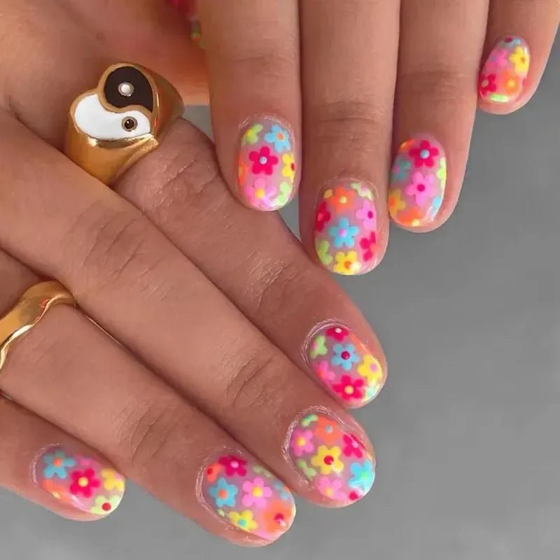 Short Square French Flower Press - On Nails 24 Pcs - Bennys Beauty World