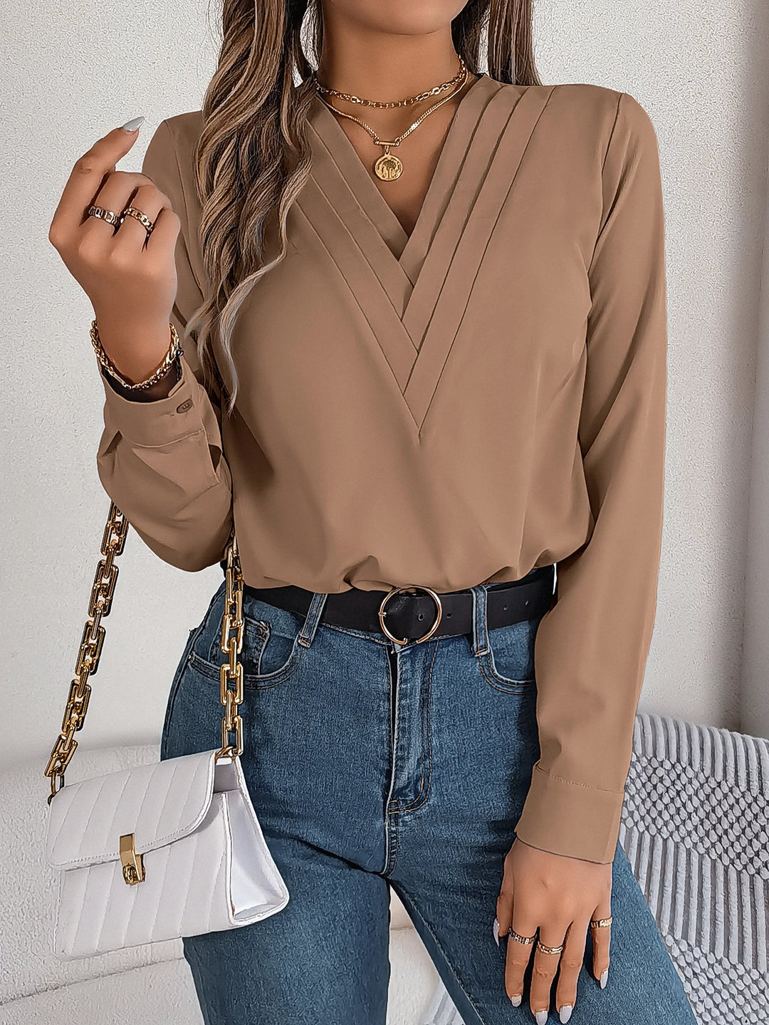 Triple V-Neck Long Sleeve Shirt Women Tops