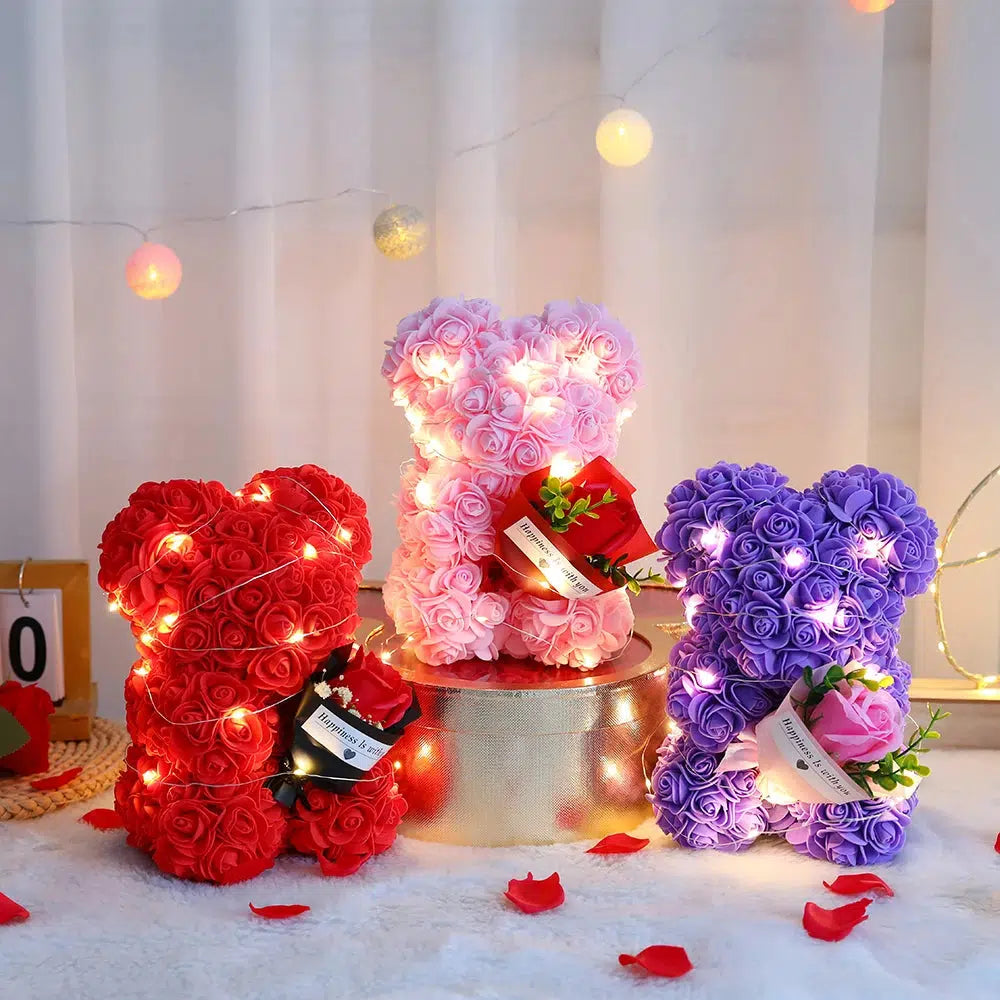 Artificial Flowers Bear With Box Valentines Day Gifts