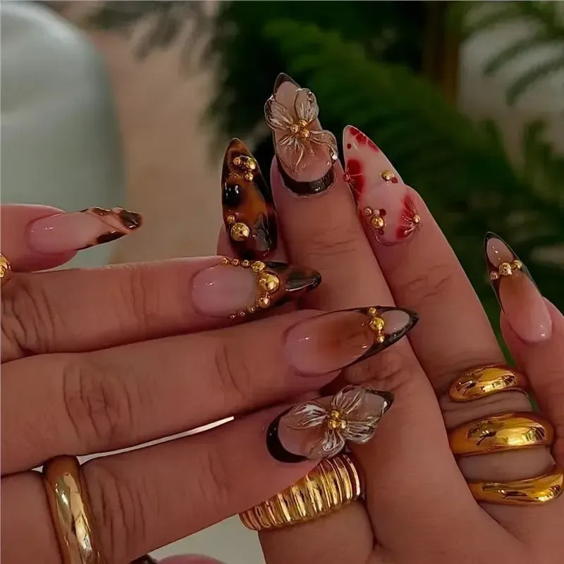 Gradient Pink Almond Press-On Nails – 24 Pcs Flower &amp; Pearl Design False Nails-Nails-Bennys Beauty World