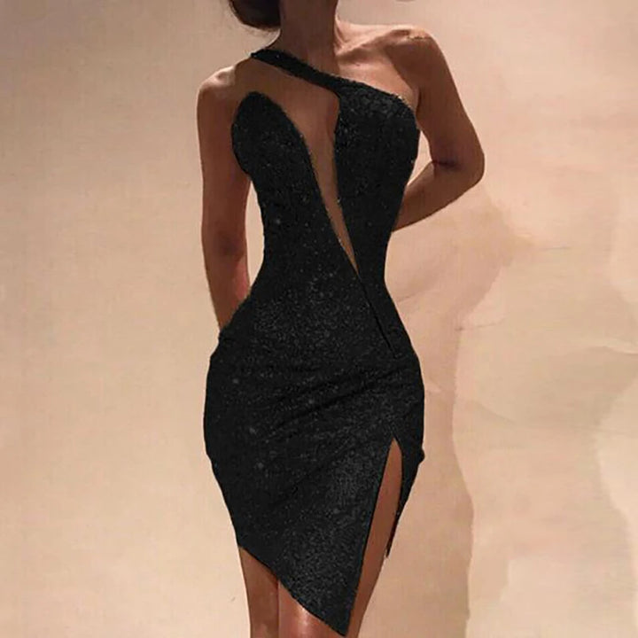 One-Shoulder Sequin Split Mini Dress