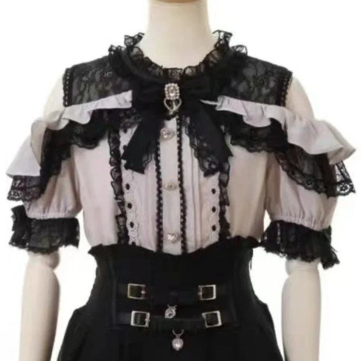Lace Patchwork Blouse | Sweet Bow Short Sleeve Top