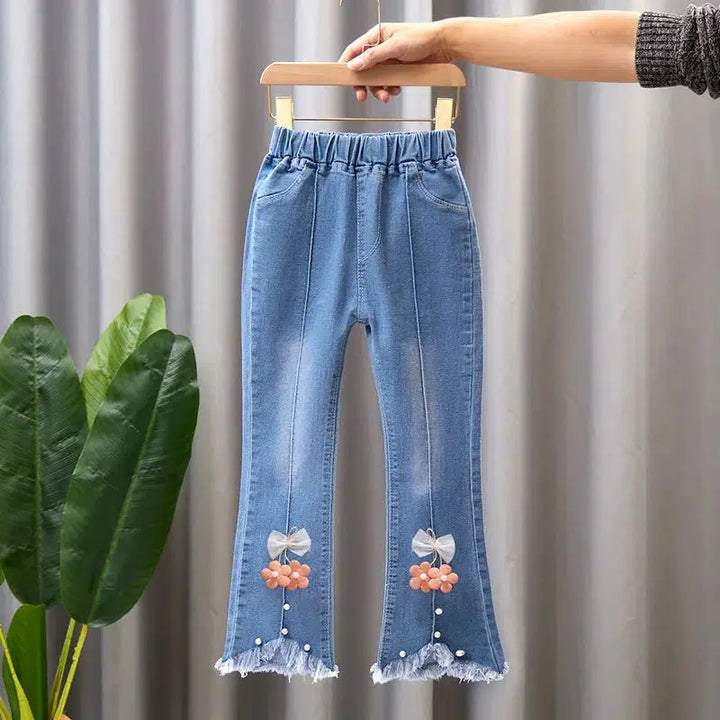 Baby Girls Jeans Casual Pants Kids Flower Bow Bell-bottoms Cowboy Jeans-Bennys Beauty World