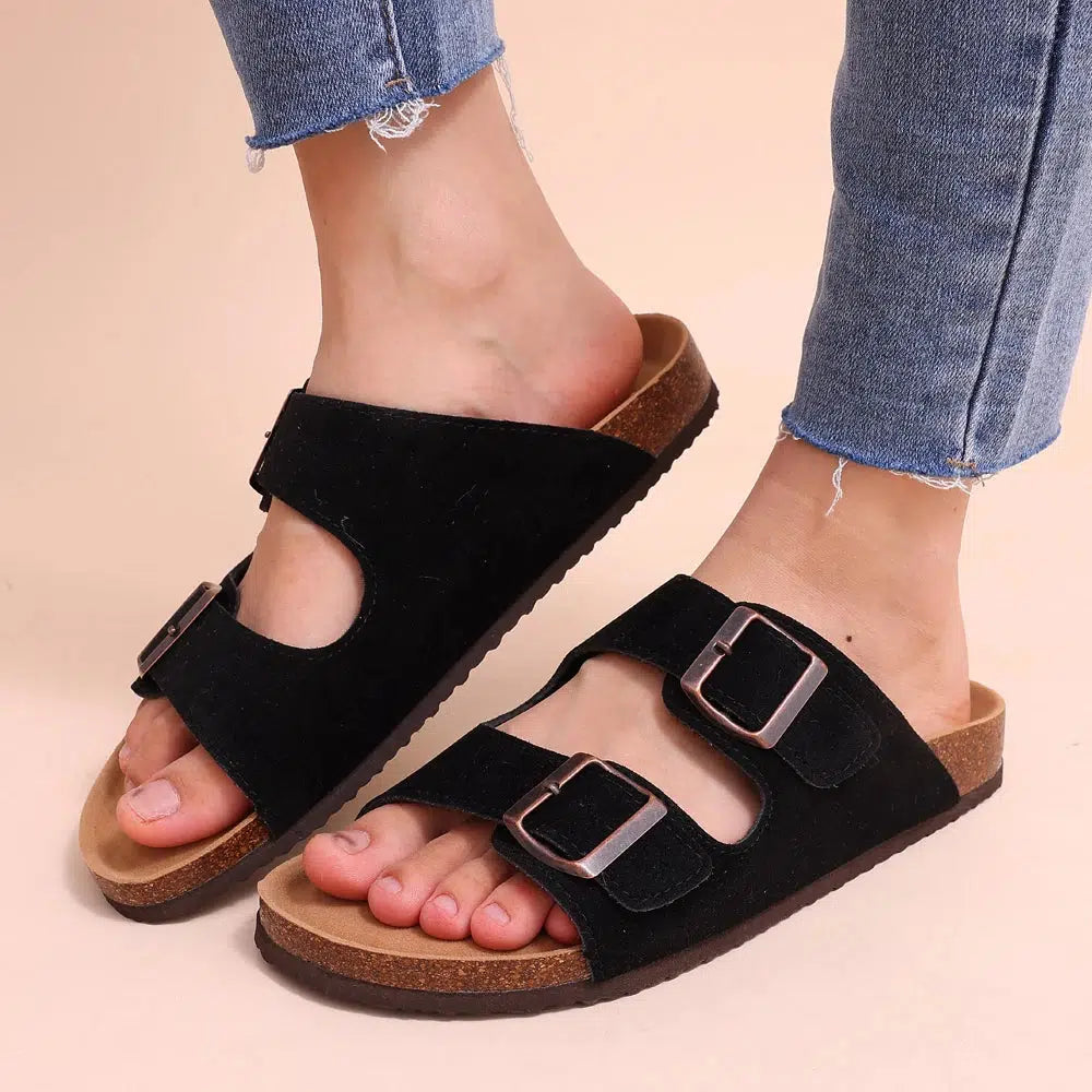 Comwarm Cork Footbed Sandals Women Summer Fashion Suede Flats Sandals With Arch Support Couple Open Toe Beach Slides Adjustable-Bennys Beauty World