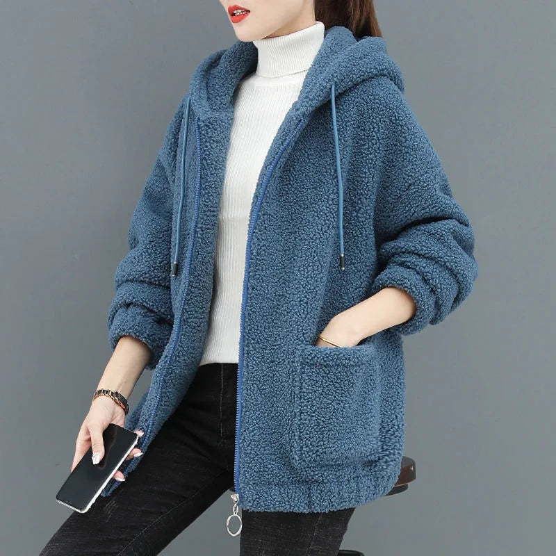 Women's Hooded Coat Chic Fleece Thick Solid Color Coat with Pockets