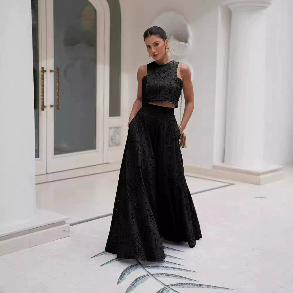 Hollow Out Sleeveless Top Half Skirt Set