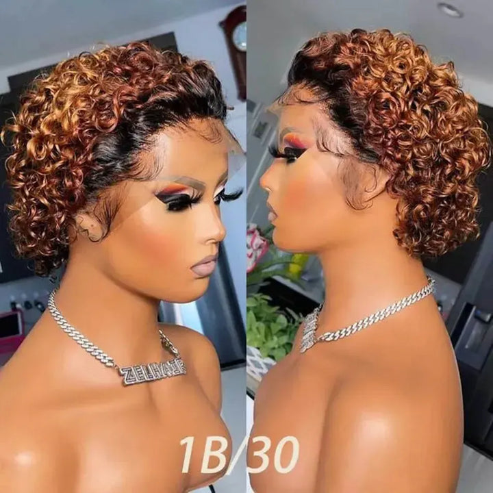 Burgundy Highlight Honey Colored Short Curly Pixie Cut Lace Wig-Wig-Bennys Beauty World
