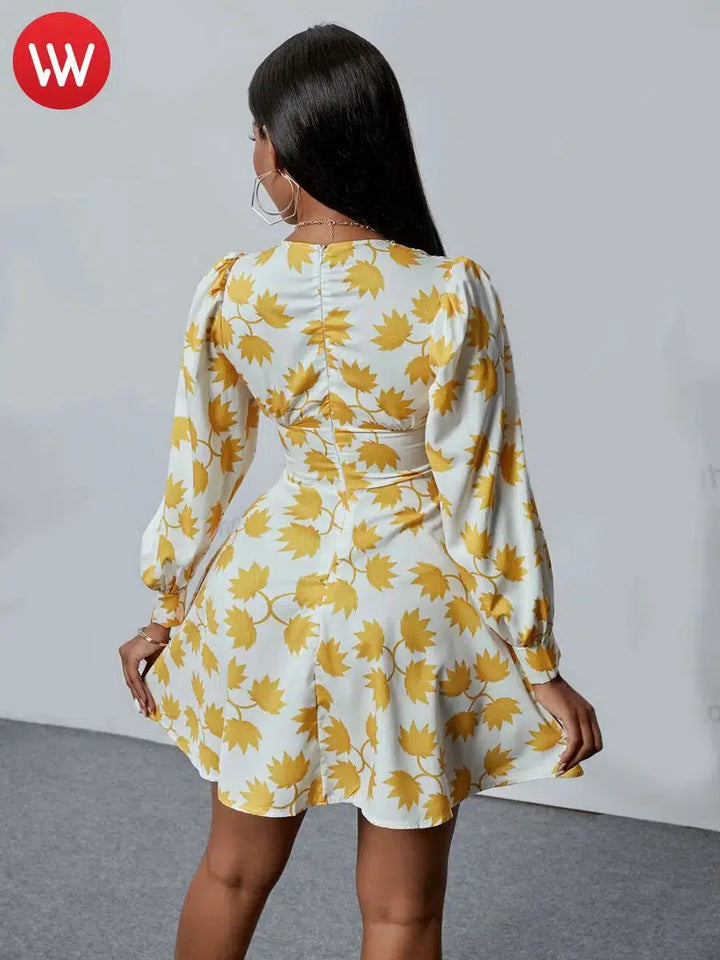 V Neck Floral Print Mini A Line Women Dress-Dress-Bennys Beauty World