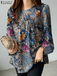 Vintage Floral Printed Shirt ZANZEA 2024 Spring Fashion Women Casual Tops O Neck Long Sleeve Blouse Female Holiday Party Blusas-Bennys Beauty World