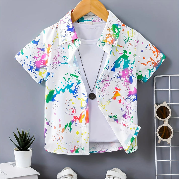 Boys Colorful Splash Ink Print Short Sleeve Shirt | Kids Casual Summer Top