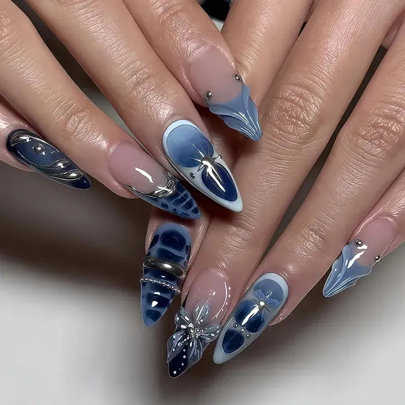 Almond Press-On Nails – 24 Pcs Flower Pattern False Nails | Bennys Beauty World-Nails-Bennys Beauty World