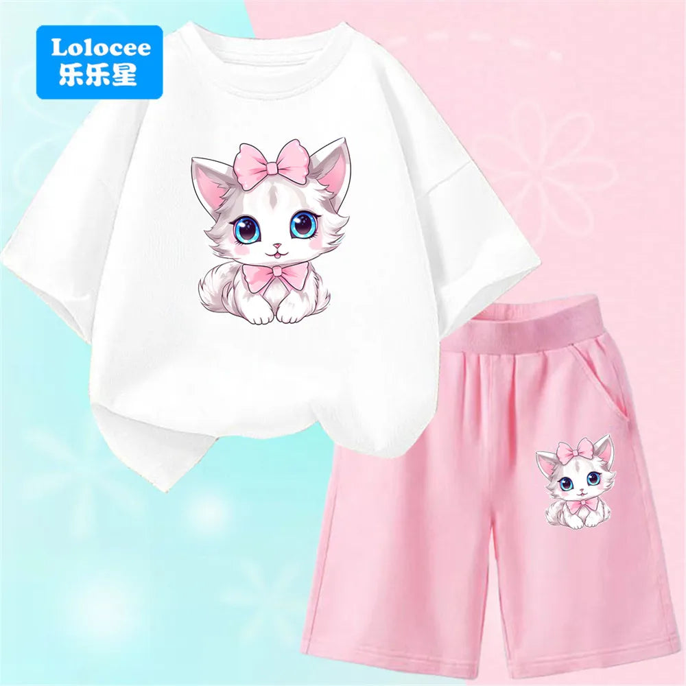 Girls Bow Cat Print T-Shirt &amp; Shorts Set | 2-Piece Summer Outfit | Ages 3–14