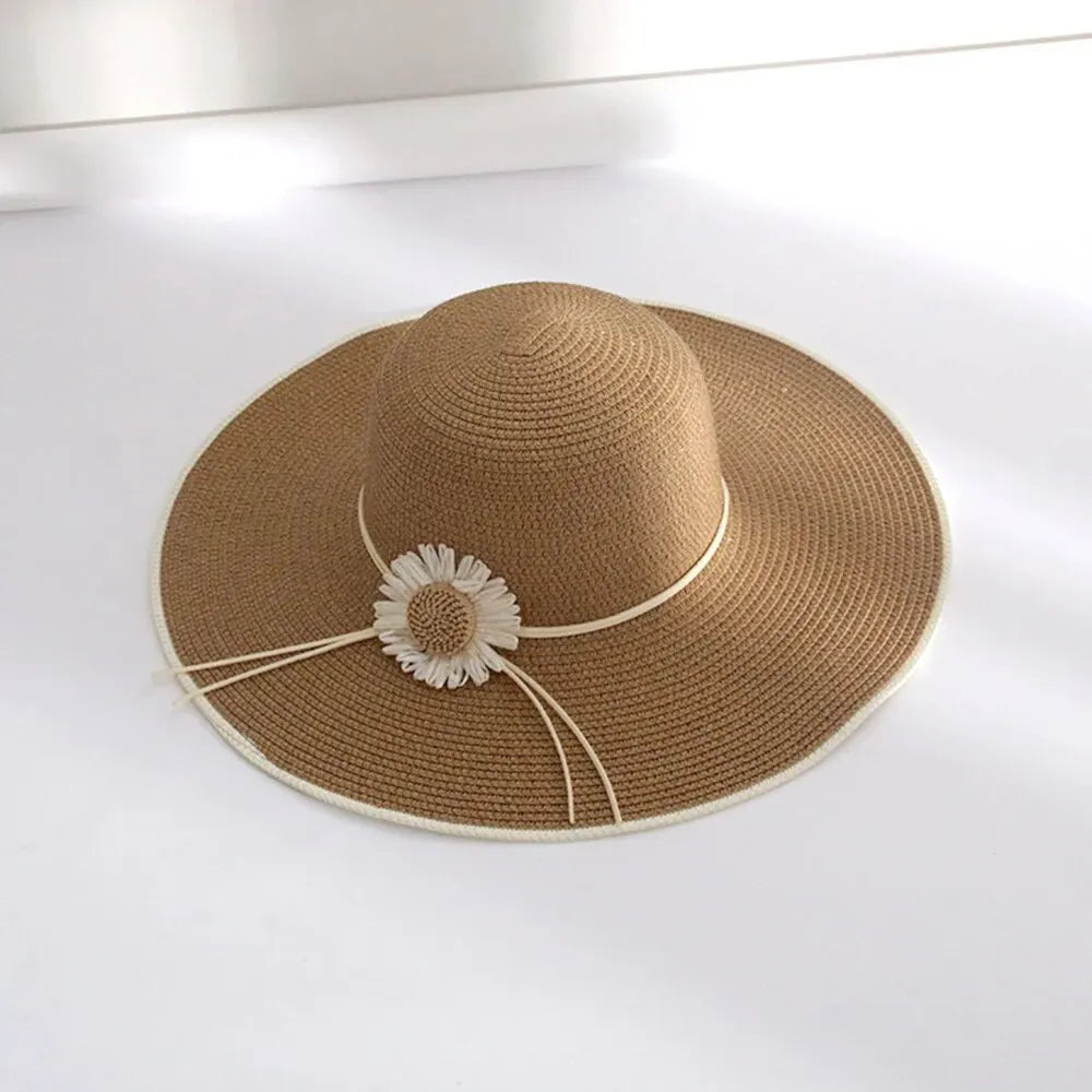 Spring and Summer Round Top Sun Flower Straw Hat for Outdoor-Hats-Bennys Beauty World