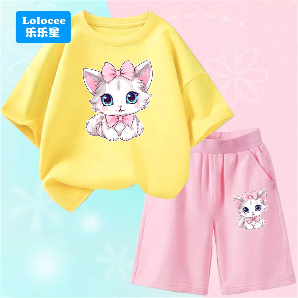 Girls Bow Cat Print T-Shirt &amp; Shorts Set | 2-Piece Summer Outfit | Ages 3–14