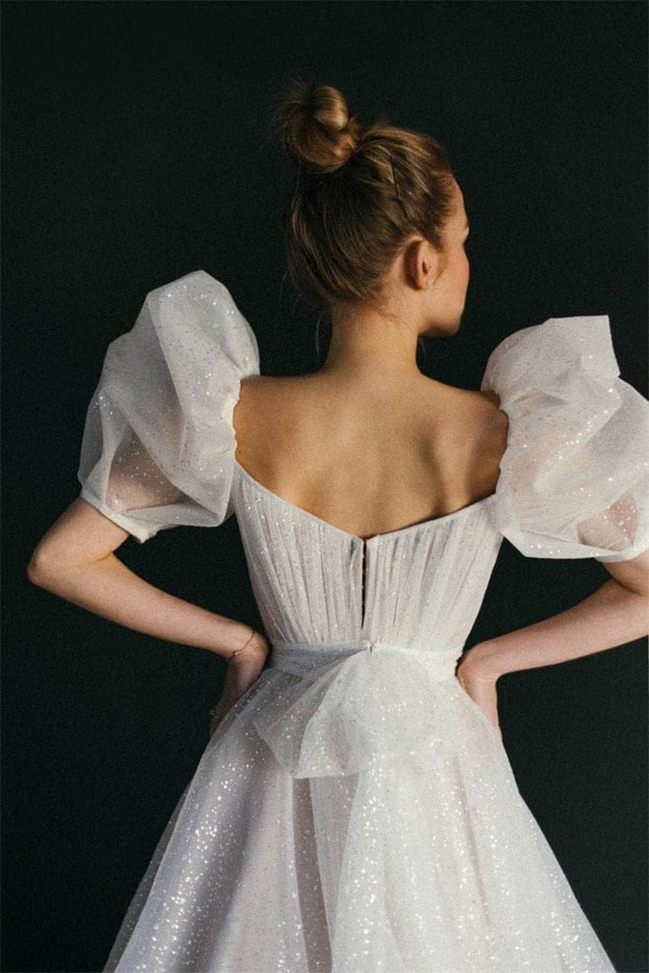Shiny Glitter Wedding Dresses with Puff Short Sleeve Vintage Bride Dress BENNYS 
