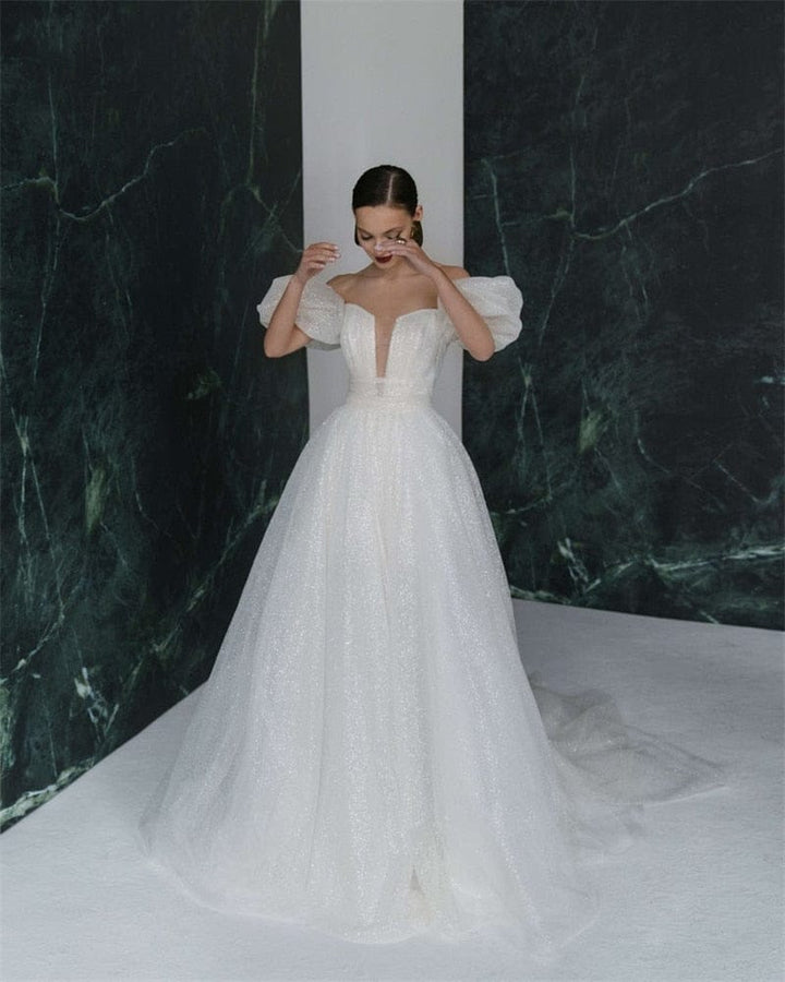 Shiny Glitter Wedding Dresses with Puff Short Sleeve Vintage Bride Dress BENNYS 