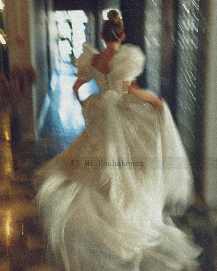 Shiny Glitter Wedding Dresses with Puff Short Sleeve Vintage Bride Dress BENNYS 