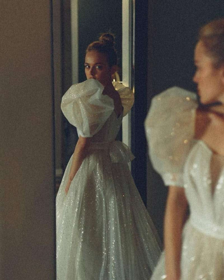 Shiny Glitter Wedding Dresses with Puff Short Sleeve Vintage Bride Dress BENNYS 