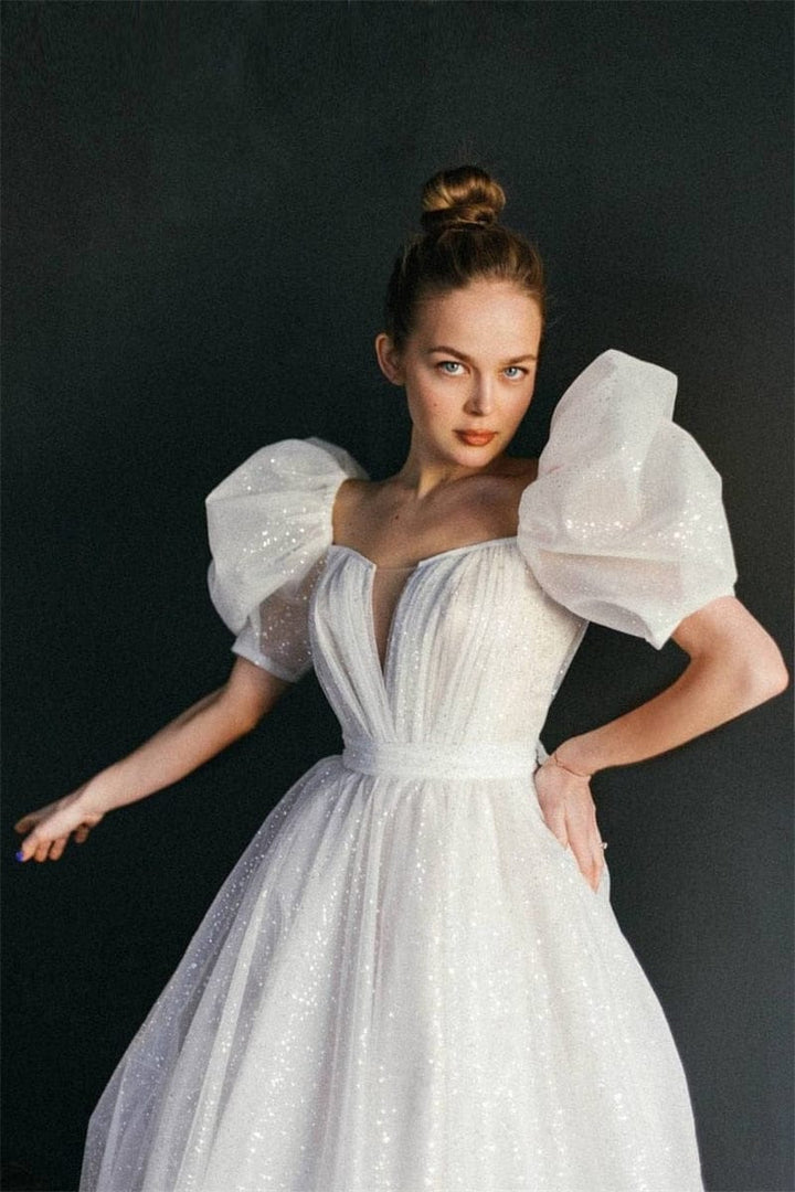 Shiny Glitter Wedding Dresses with Puff Short Sleeve Vintage Bride Dress BENNYS 