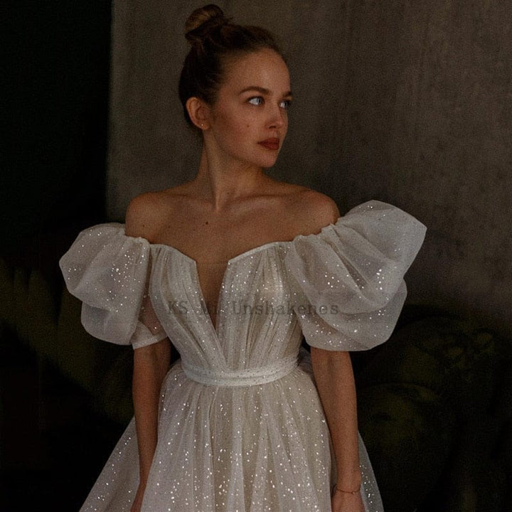 Shiny Glitter Wedding Dresses with Puff Short Sleeve Vintage Bride Dress BENNYS 