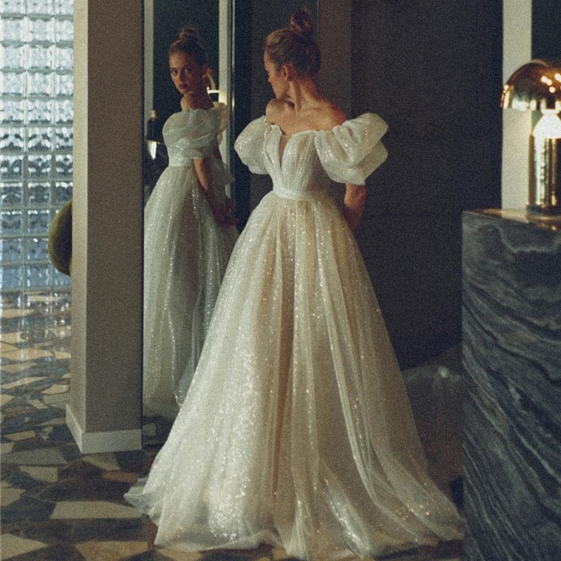 Shiny Glitter Wedding Dresses with Puff Short Sleeve Vintage Bride Dress BENNYS 