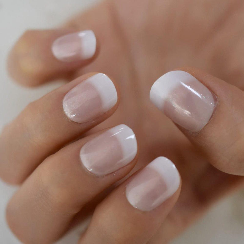 Short White French Press on Fake Nails Tips Natural Beige Pink 24pcs BENNYS 