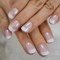 Short White French Press on Fake Nails Tips Natural Beige Pink 24pcs BENNYS 